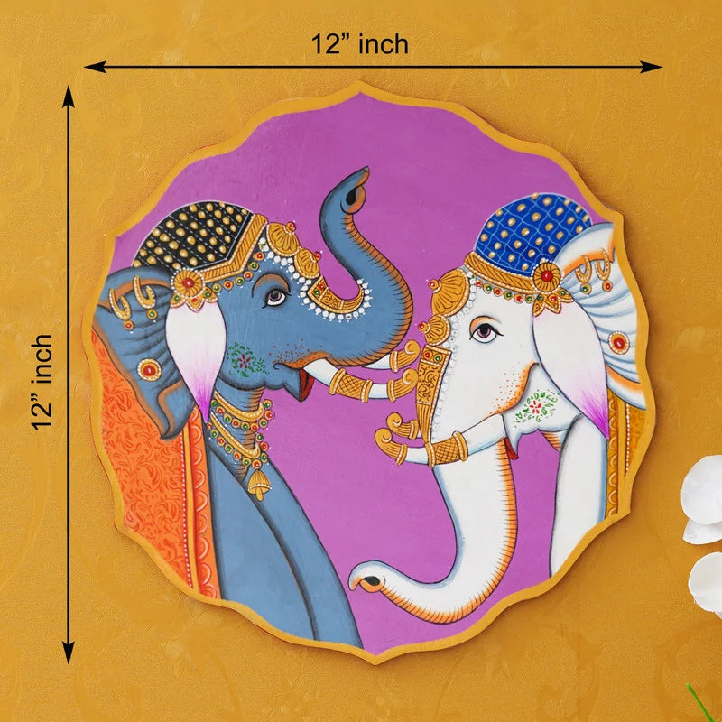 Twin Elephants Pichwai on Purple Plate – Decorative Wall Art
