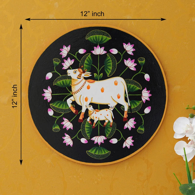 Pichwai Cow & Calf Wall Art – Floral Wooden Painting