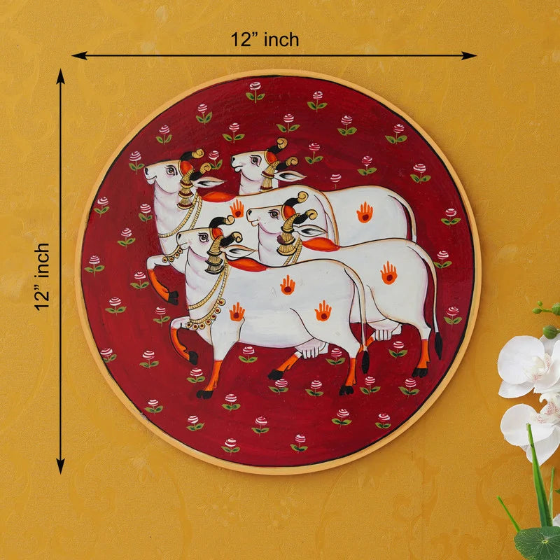 Pichwai Art – Cow & Lotus on Red Plate