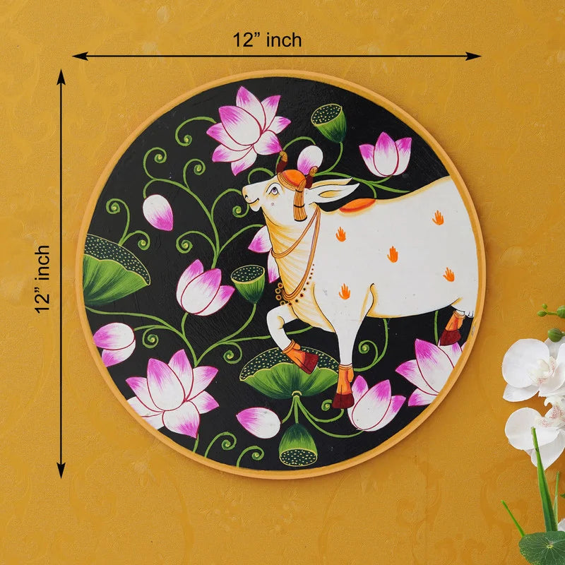 Serene White Cow Pichwai with Floral Headdress – FunkiIndia