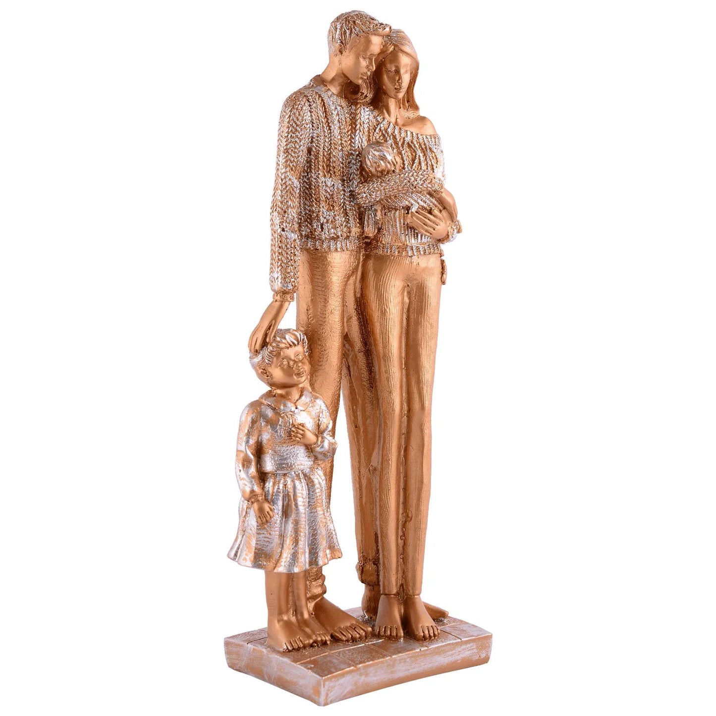 Gold statue of a family on a dark marble surface with a cityscape in the background Bronze Family Love Sculpture