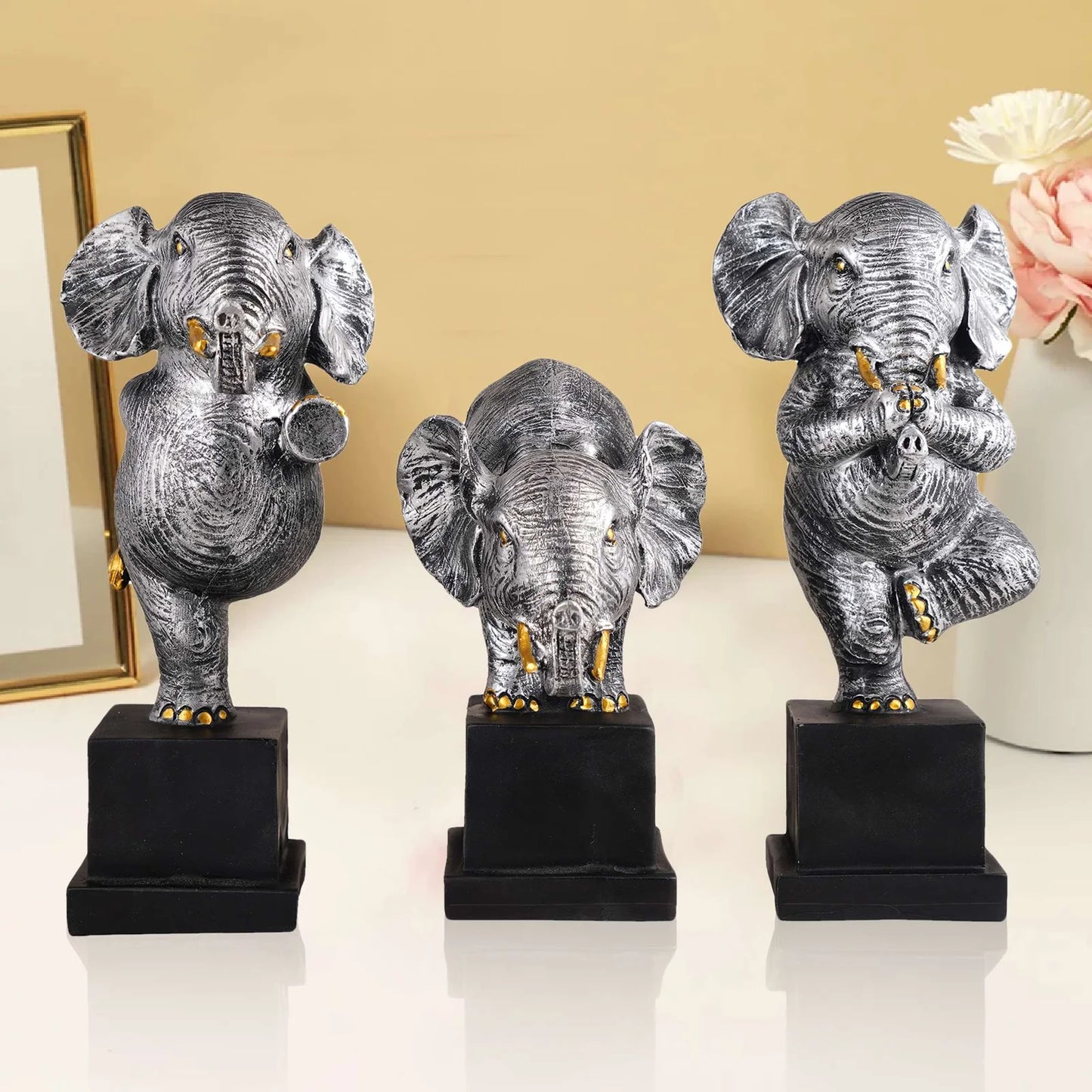 Golden Polyresin Elephant Showpiece Set of 3 – Home & Table Decor