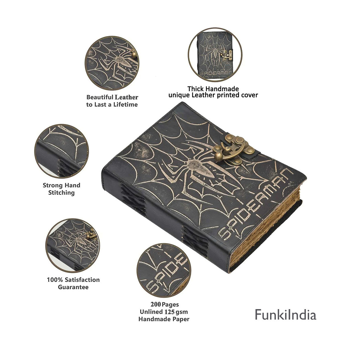 Leather-bound notebook with spider web design and Funkindia branding, featuring product details.