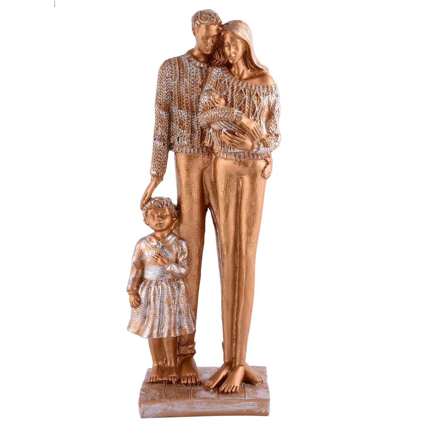 Gold statue of a family on a dark marble surface with a cityscape in the background Bronze Family Love Sculpture