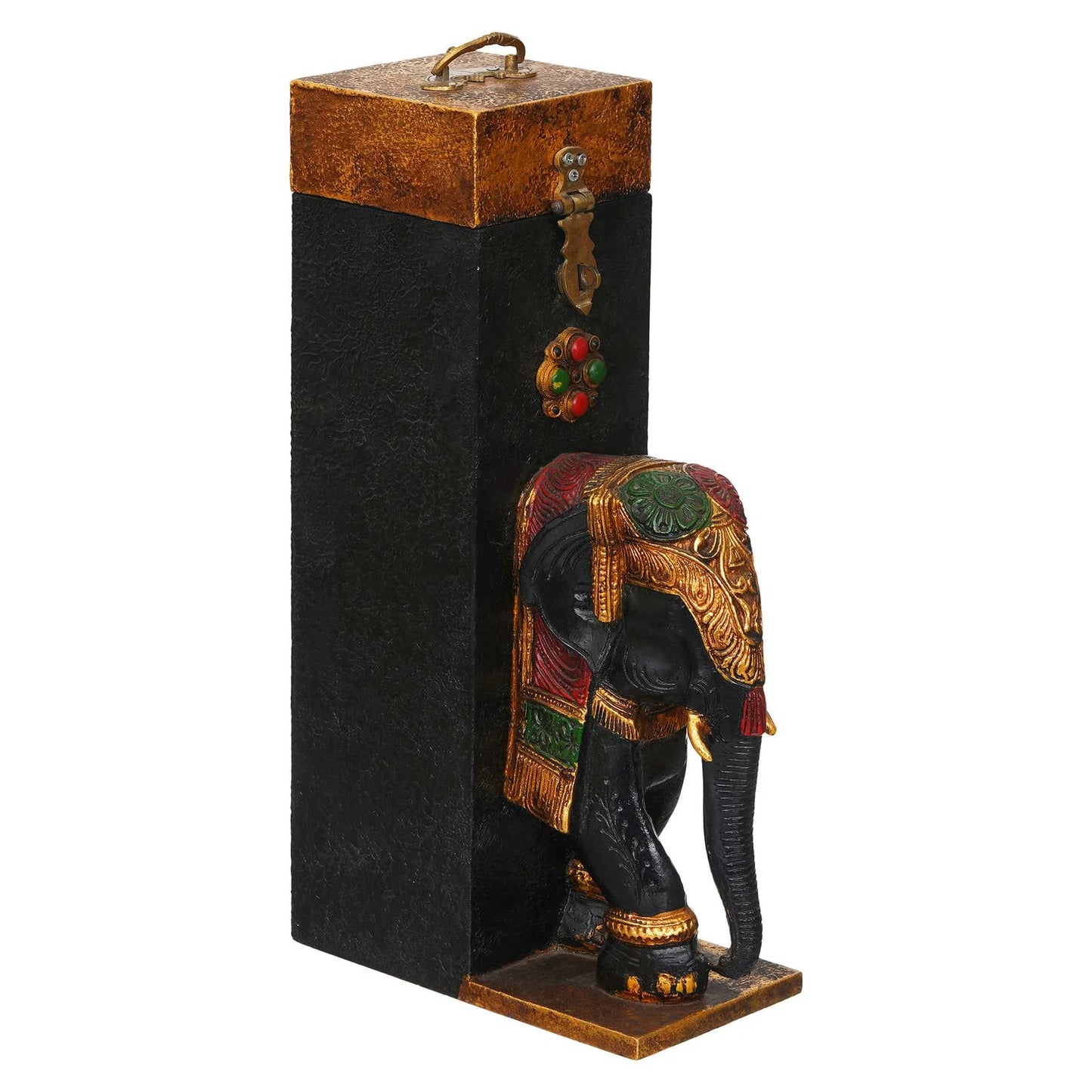 Decorative elephant figure with ornate details on a black stand against a white background