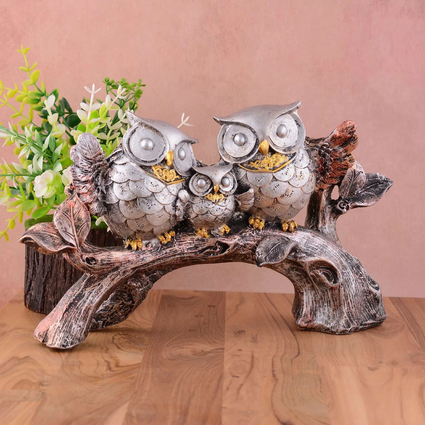 Owl Family Sitting on Tree Decorative Bird Showpieces Statue for Home Decor Living Room Bedroom Wall Shelf Table Top Garden Decoration Items -3