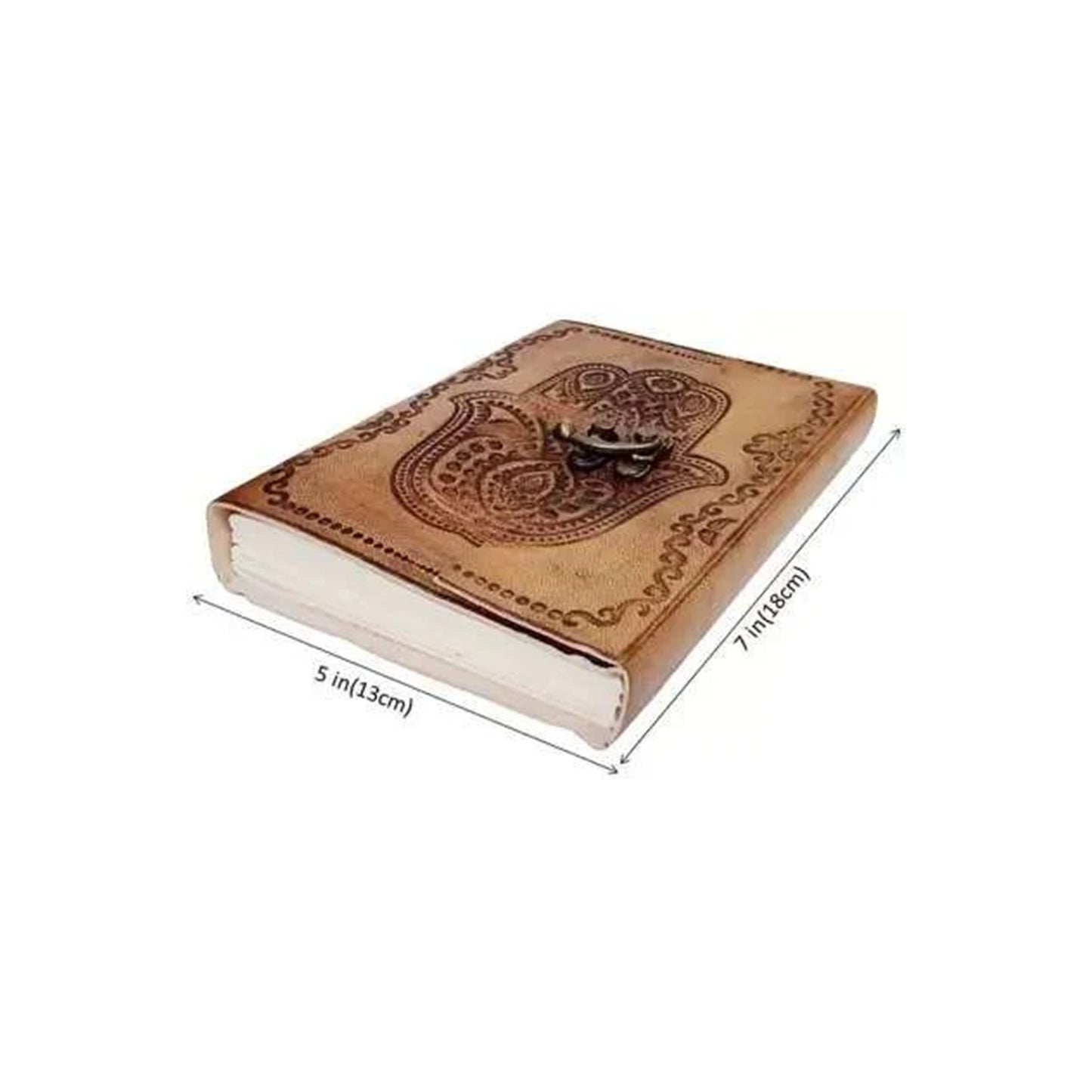 Brown leather notebook with embossed design on a white background