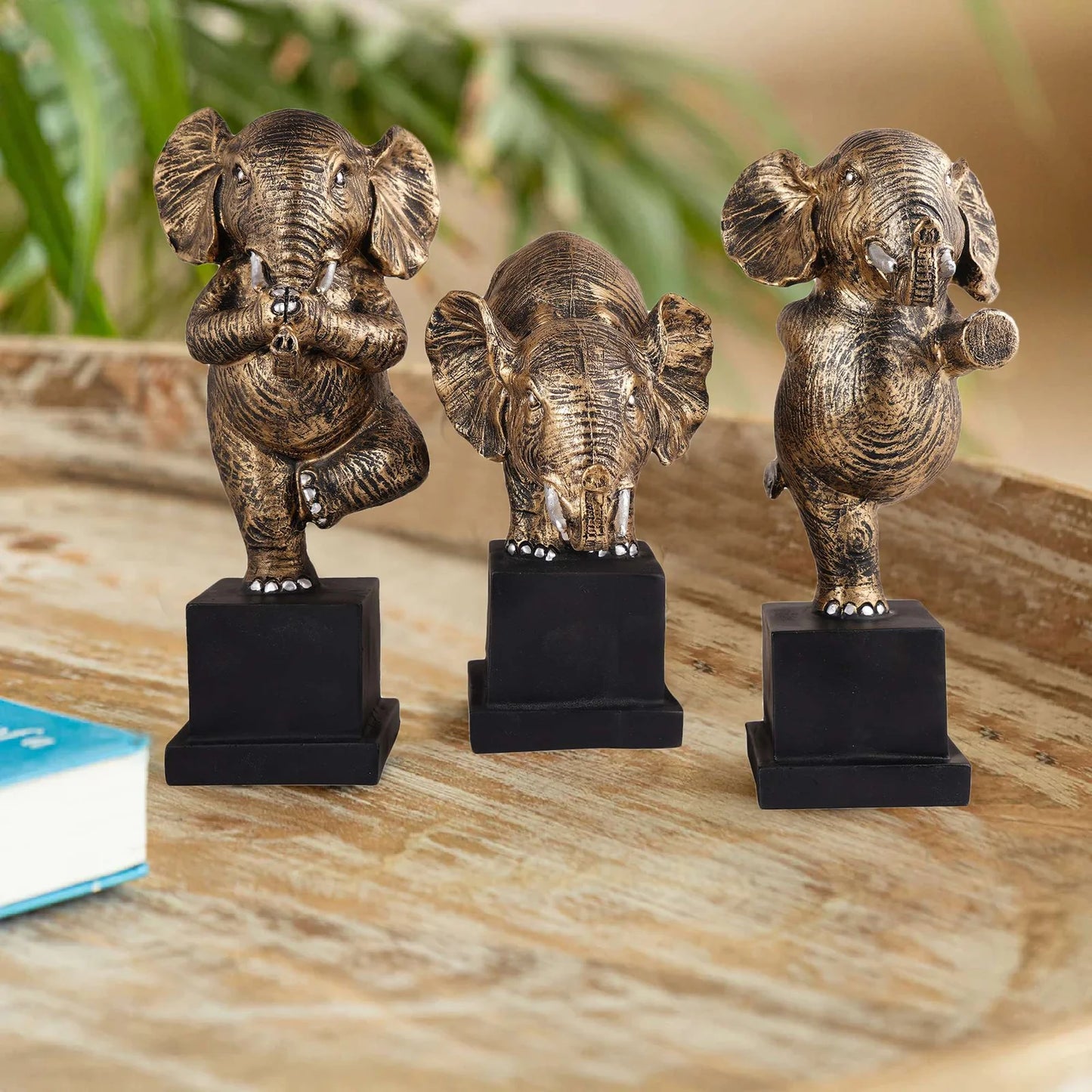 Golden Polyresin Elephant Showpiece Set of 3 – Home & Table Decor