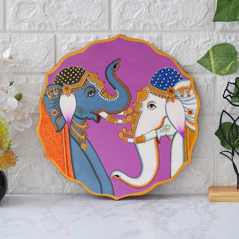 Twin Elephants Pichwai on Purple Plate – Decorative Wall Art