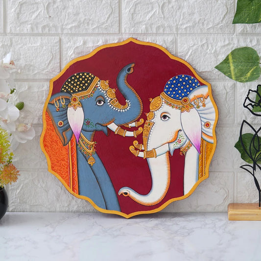 Twin Elephants Pichwai on Purple Plate – Decorative Wall Art