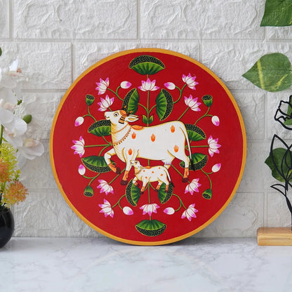 Pichwai Cow & Calf Wall Art – Floral Wooden Painting