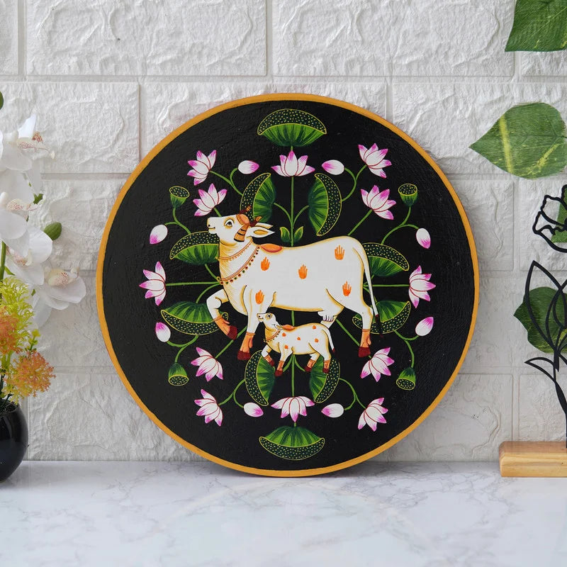 Pichwai Cow & Calf Wall Art – Floral Wooden Painting