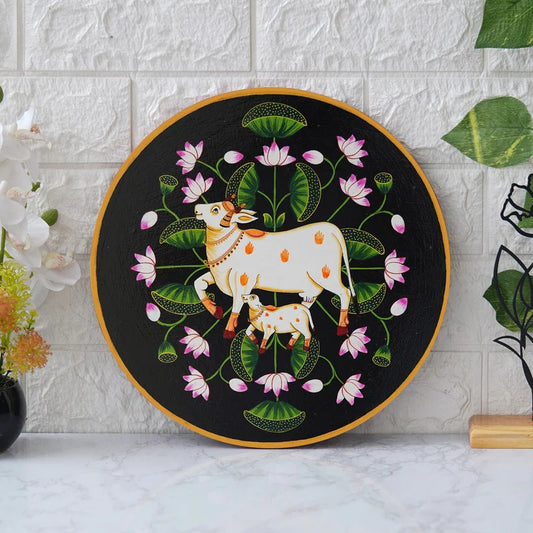 Pichwai Cow & Calf Wall Art – Floral Wooden Painting