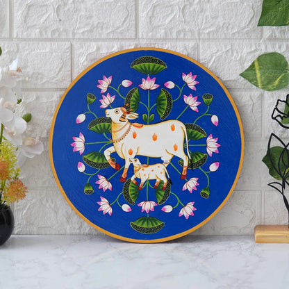 Pichwai Cow & Calf Wall Art – Floral Wooden Painting