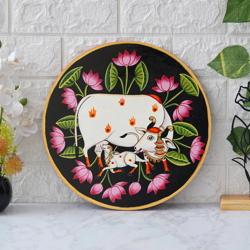 Krishna with calf in a vibrant floral Pichwai – a serene cultural touch.