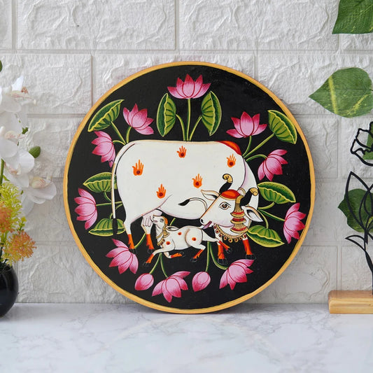 Krishna with calf in a vibrant floral Pichwai – a serene cultural touch.