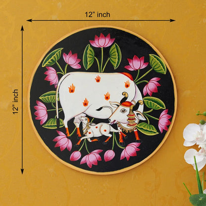 Krishna with calf in a vibrant floral Pichwai – a serene cultural touch.