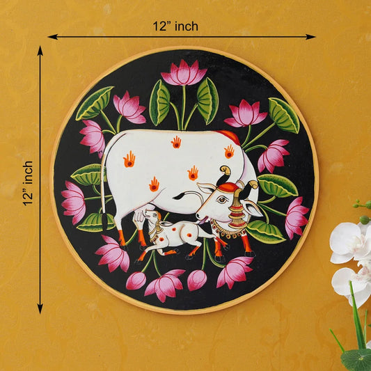 Krishna with calf in a vibrant floral Pichwai – a serene cultural touch.