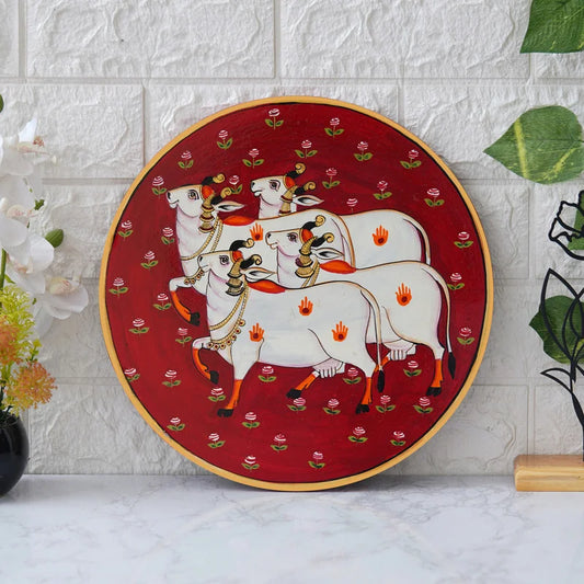 Pichwai Art – Cow & Lotus on Red Plate