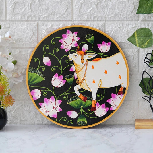 Serene White Cow Pichwai with Floral Headdress – FunkiIndia
