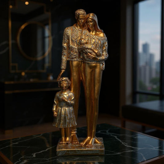 Gold statue of a family on a dark marble surface with a cityscape in the background Bronze Family Love Sculpture