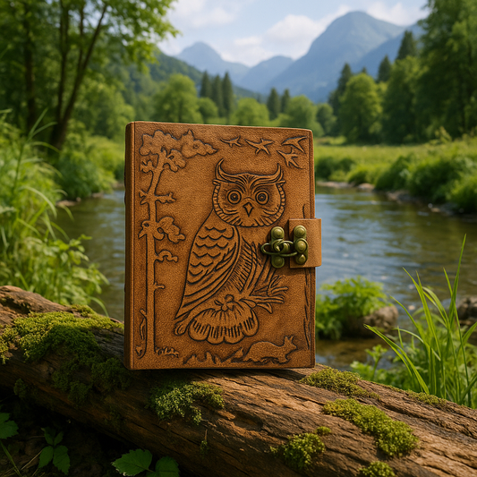 Leather-bound notebook with owl design on a log in a natural setting