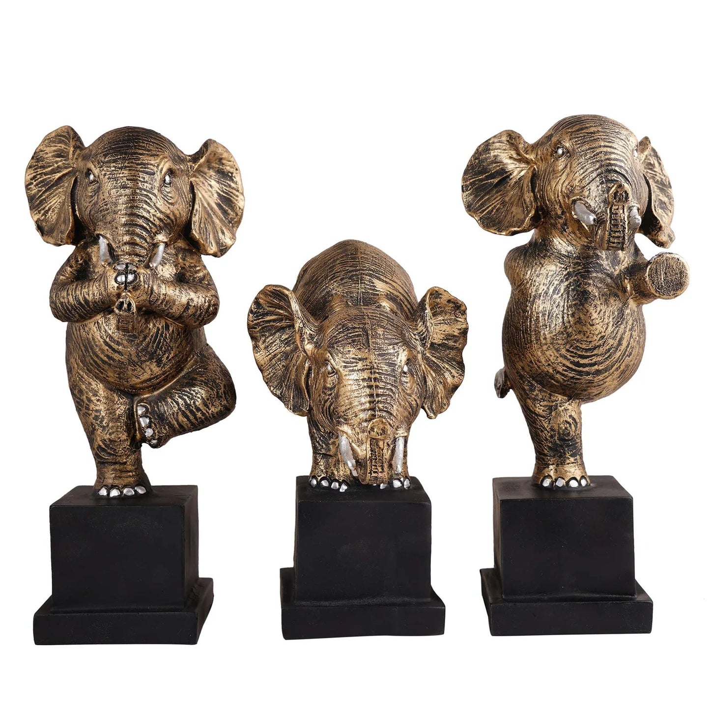 Golden Polyresin Elephant Showpiece Set of 3 – Home & Table Decor