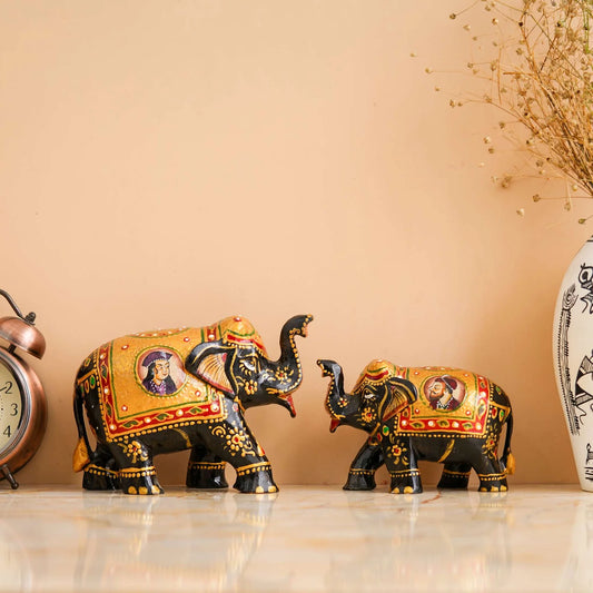 Handcrafted Rajasthani Wooden Elephant Showpiece – Tribal Art Design (Brown)