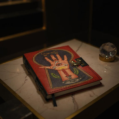 Decorative notebook with a hand design on a marble surface