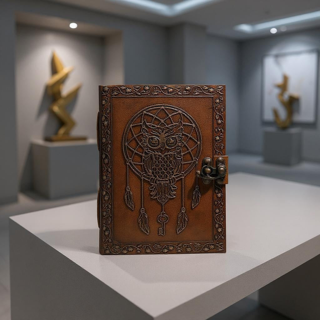 Decorative brown leather notebook with owl and dreamcatcher design on a white platform.