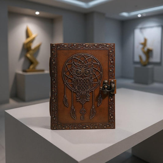Decorative brown leather notebook with owl and dreamcatcher design on a white platform.