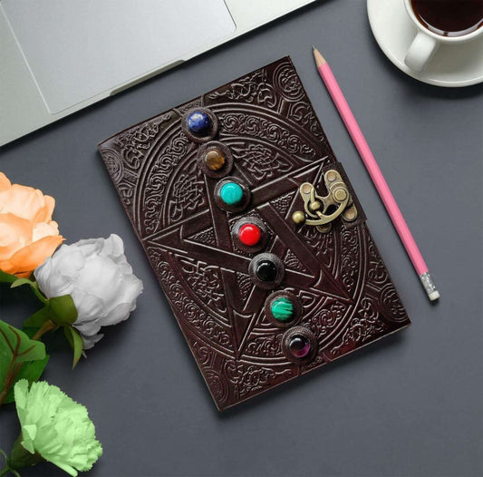 Decorative notebook with colorful buttons on a desk with flowers and a cup of coffee.