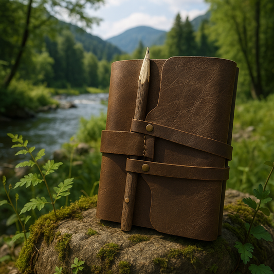 Brown leather notebook with pen on a rock by a river and trees