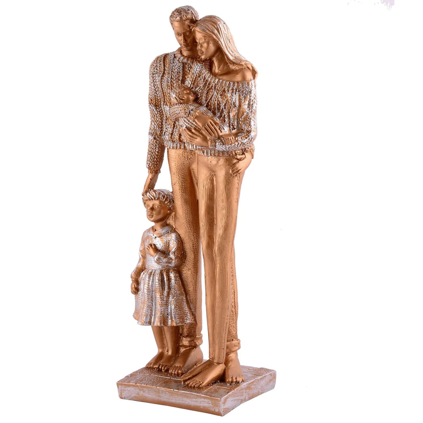 Gold statue of a family on a dark marble surface with a cityscape in the background Bronze Family Love Sculpture