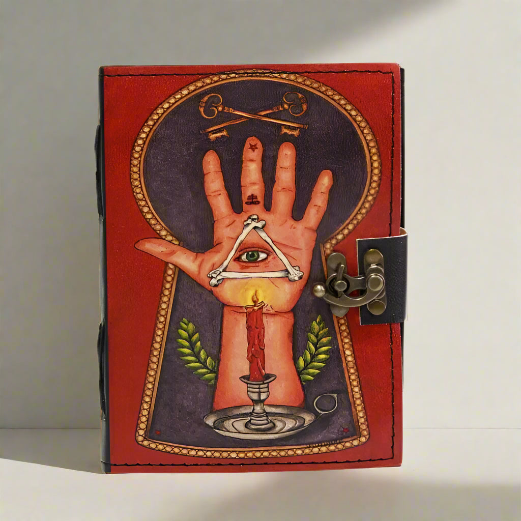 Decorative notebook with a hand, candle, and key design on a red background
