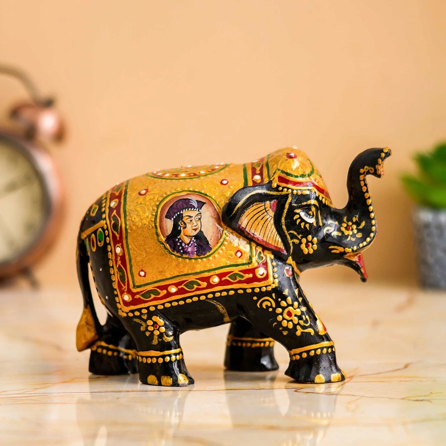 Handcrafted Rajasthani Wooden Elephant Showpiece – Tribal Art Design (Brown)