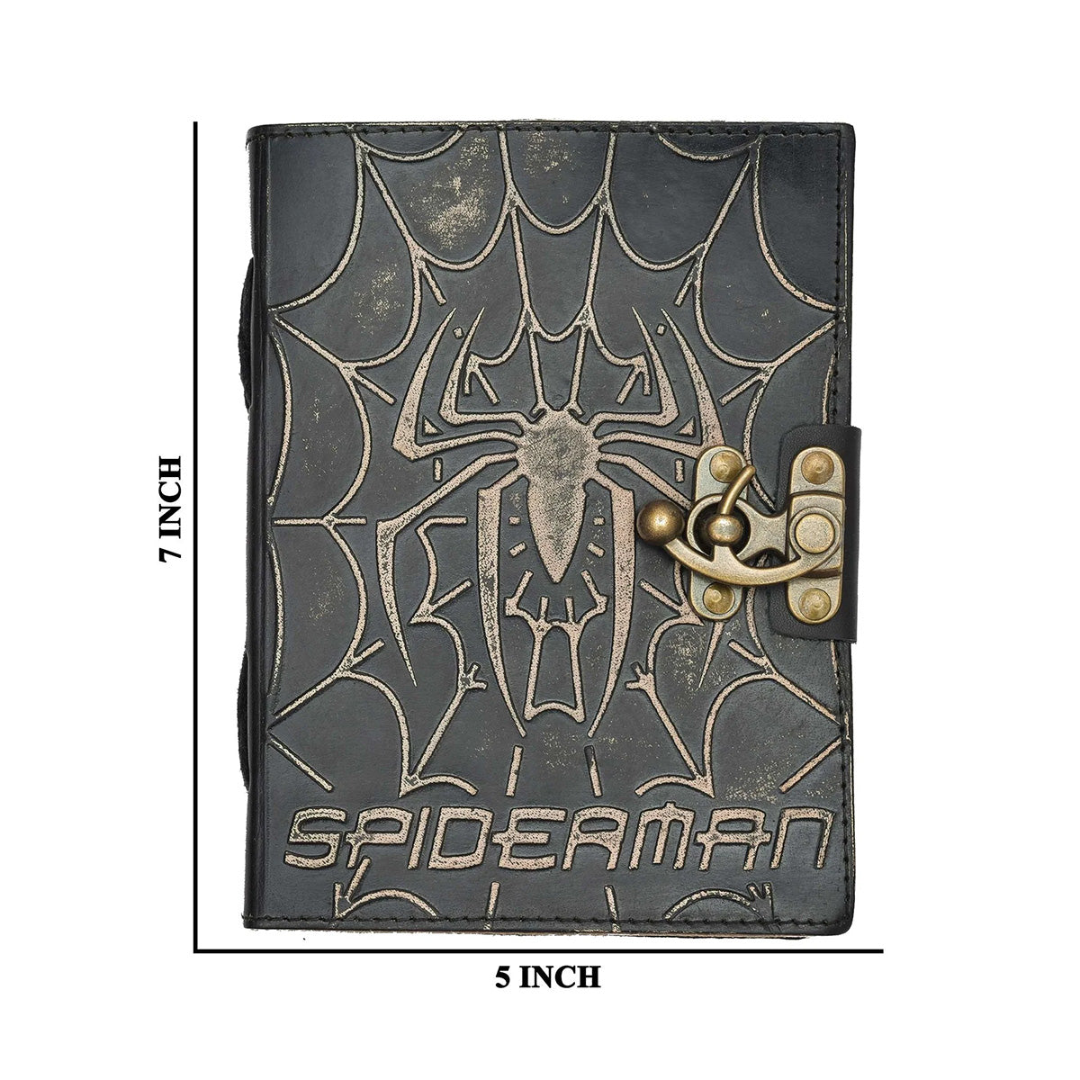 Spider-Man themed notebook with spider emblem and lock, dimensions indicated.