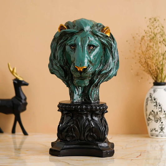 Handmade Green Lion Head Statue – Antique Stone Finish Decor by FunkiIndia