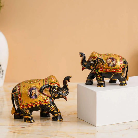 Handcrafted Rajasthani Wooden Elephant Showpiece – Tribal Art Design (Brown)