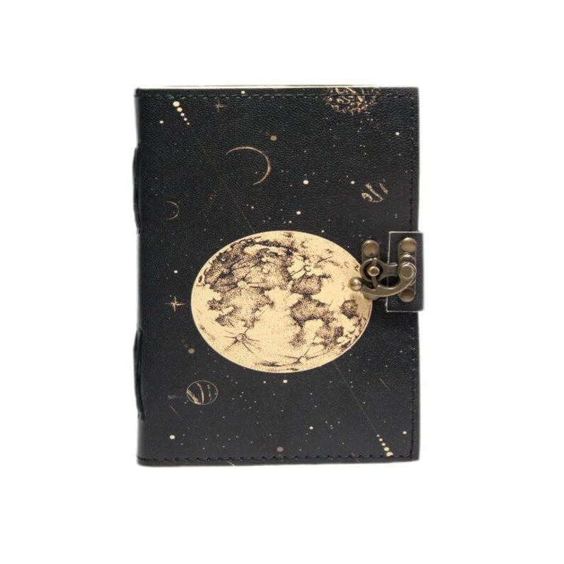 Black notebook with celestial design and lock on a white background