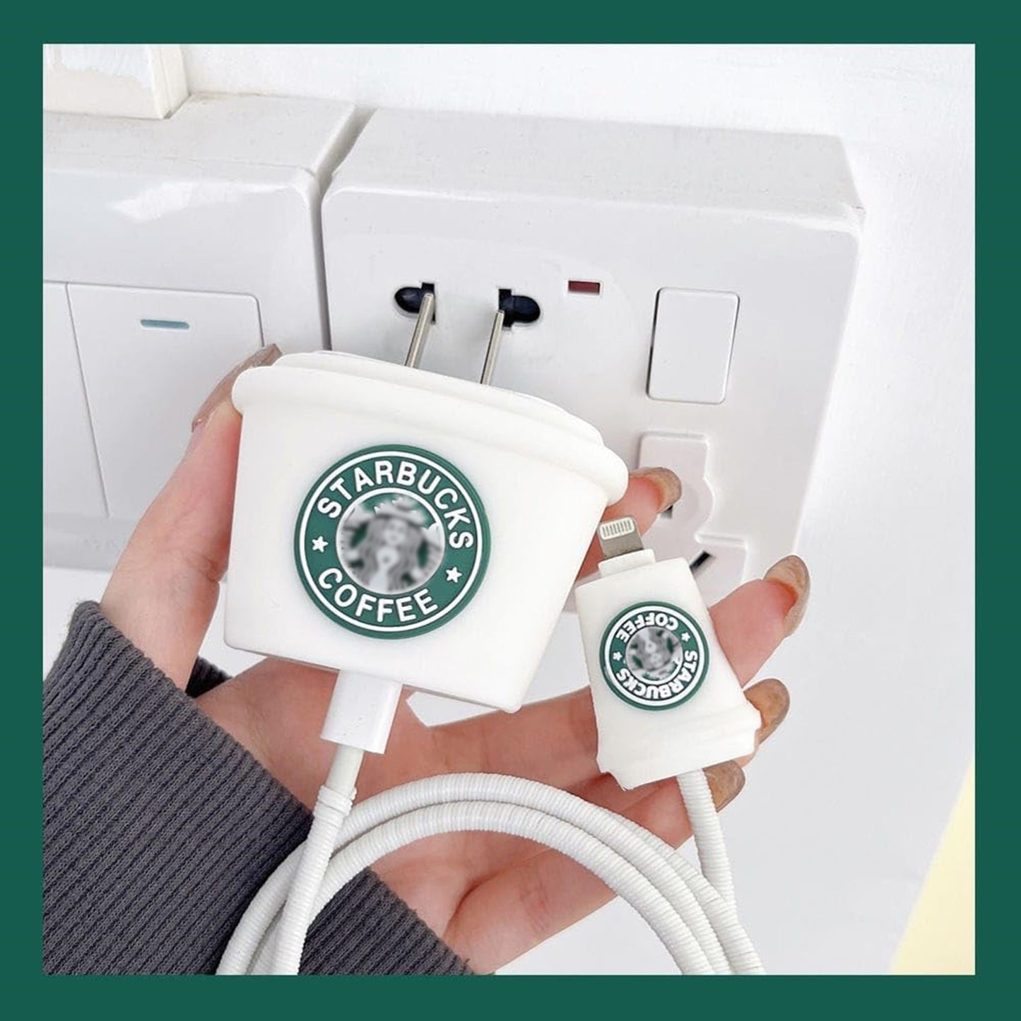 White Starbucks 18W/20W iPhone Charger Cover – Playful Protection with Cute Design