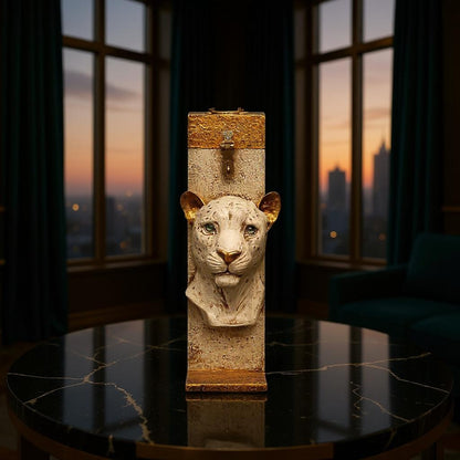 Decorative sculpture of a lion's head on a pedestal with a cityscape in the background
