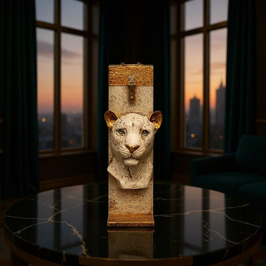 Decorative sculpture of a lion's head on a pedestal with a cityscape in the background