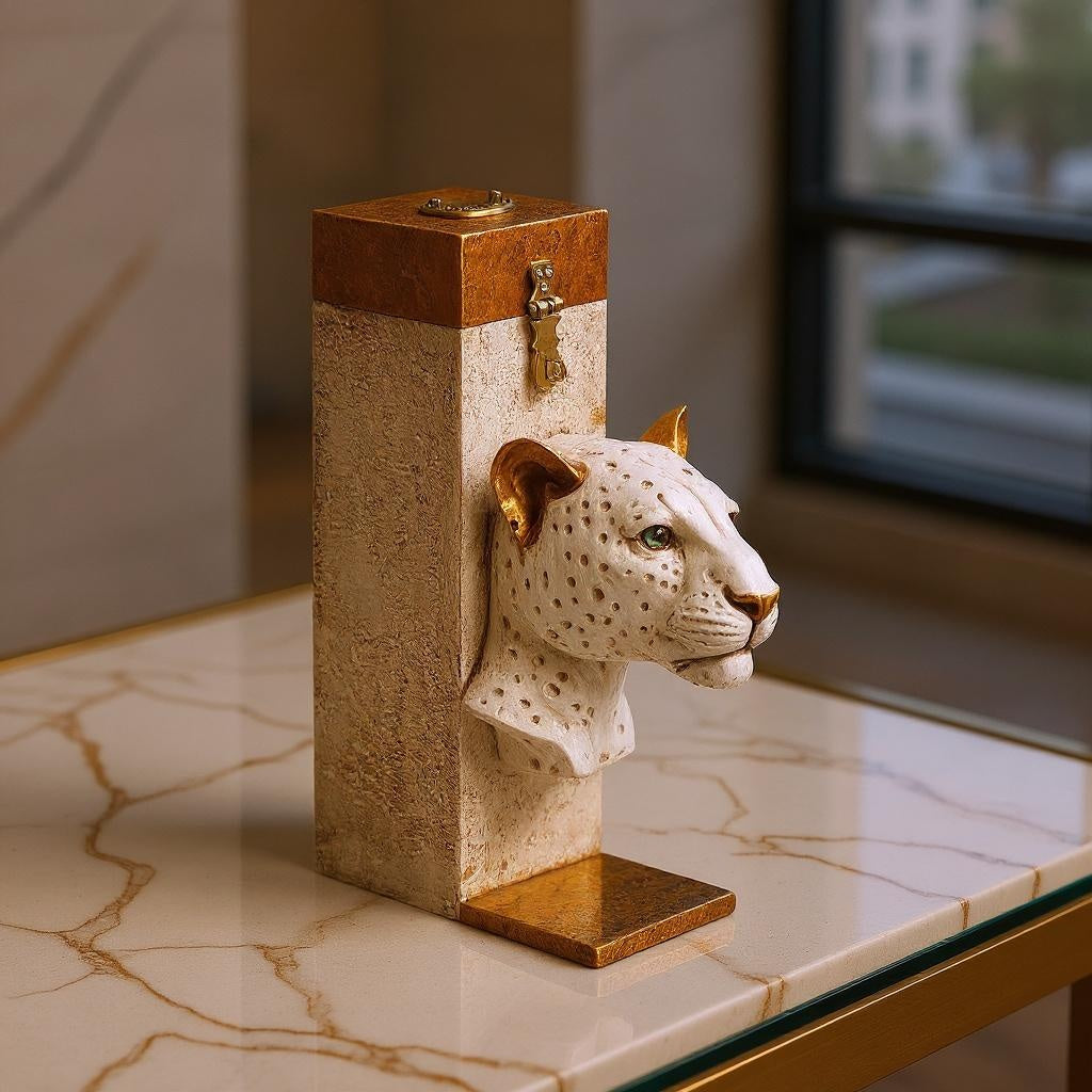 Decorative object with a leopard head on a marble surface