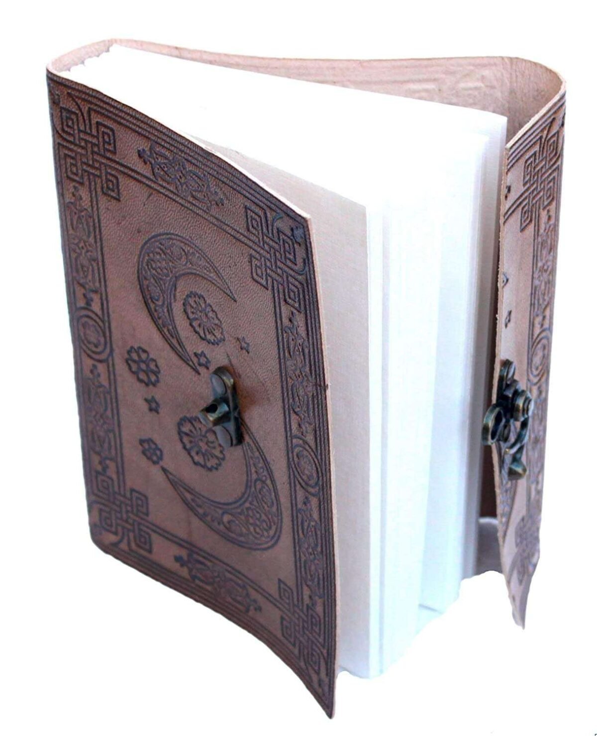 Decorative leather-bound notebook with intricate designs on a white background