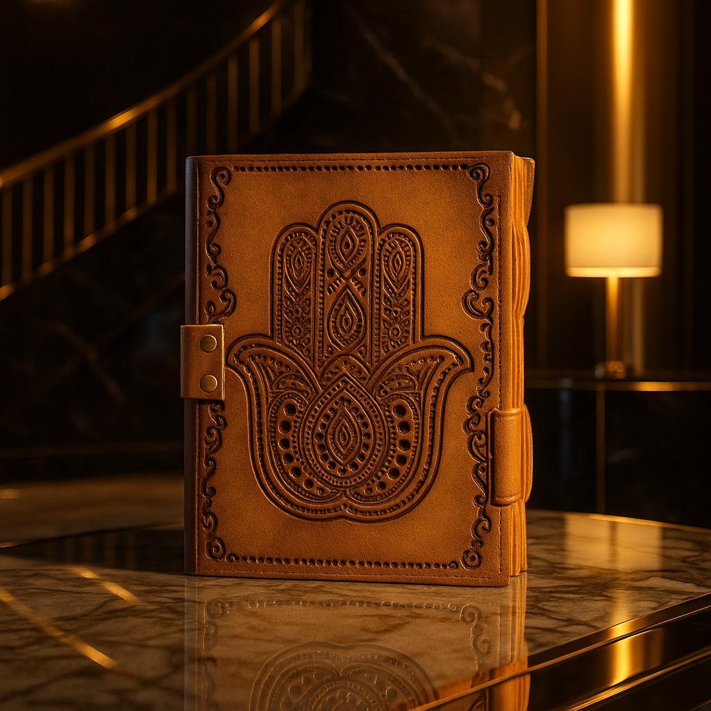 Brown leather notebook with Hamsa design on a reflective surface