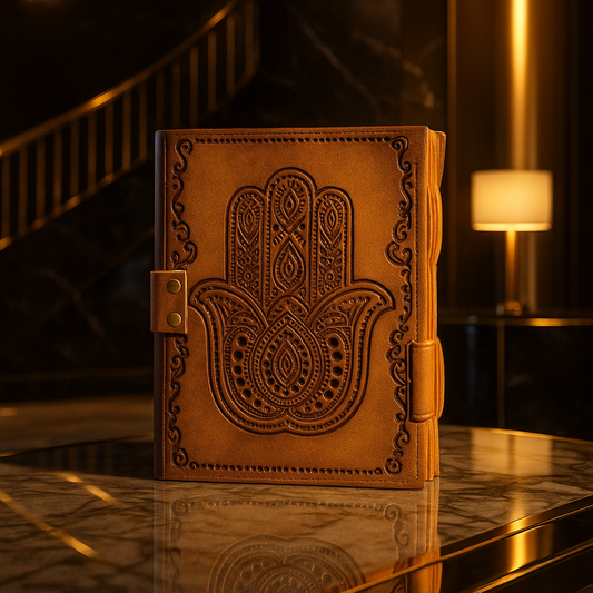 Brown leather notebook with Hamsa design on a reflective surface
