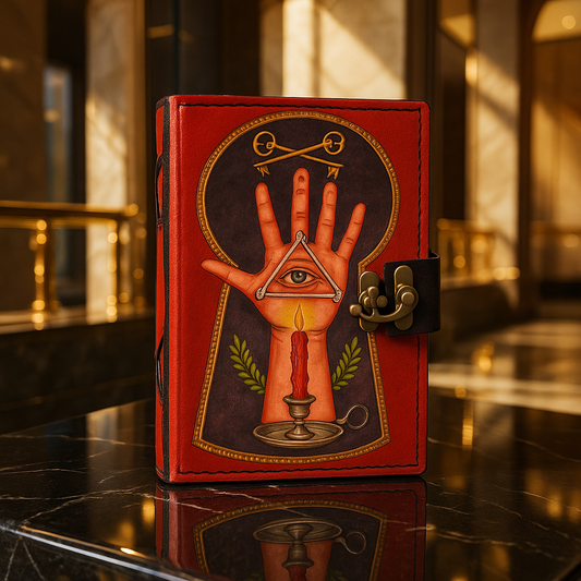 Red leather-bound book with mystical design on a reflective surface