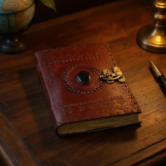 Brown leather journal with decorative clasp on a wooden surface with a lamp and globe in the background