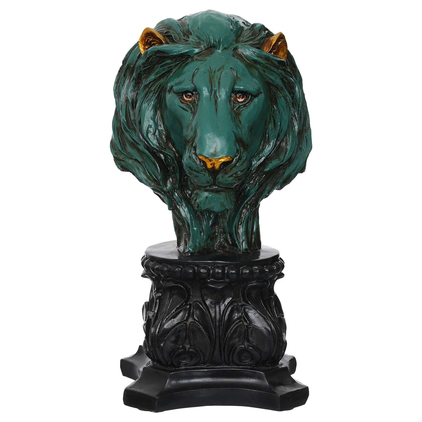 Handmade Green Lion Head Statue – Antique Stone Finish Decor by FunkiIndia